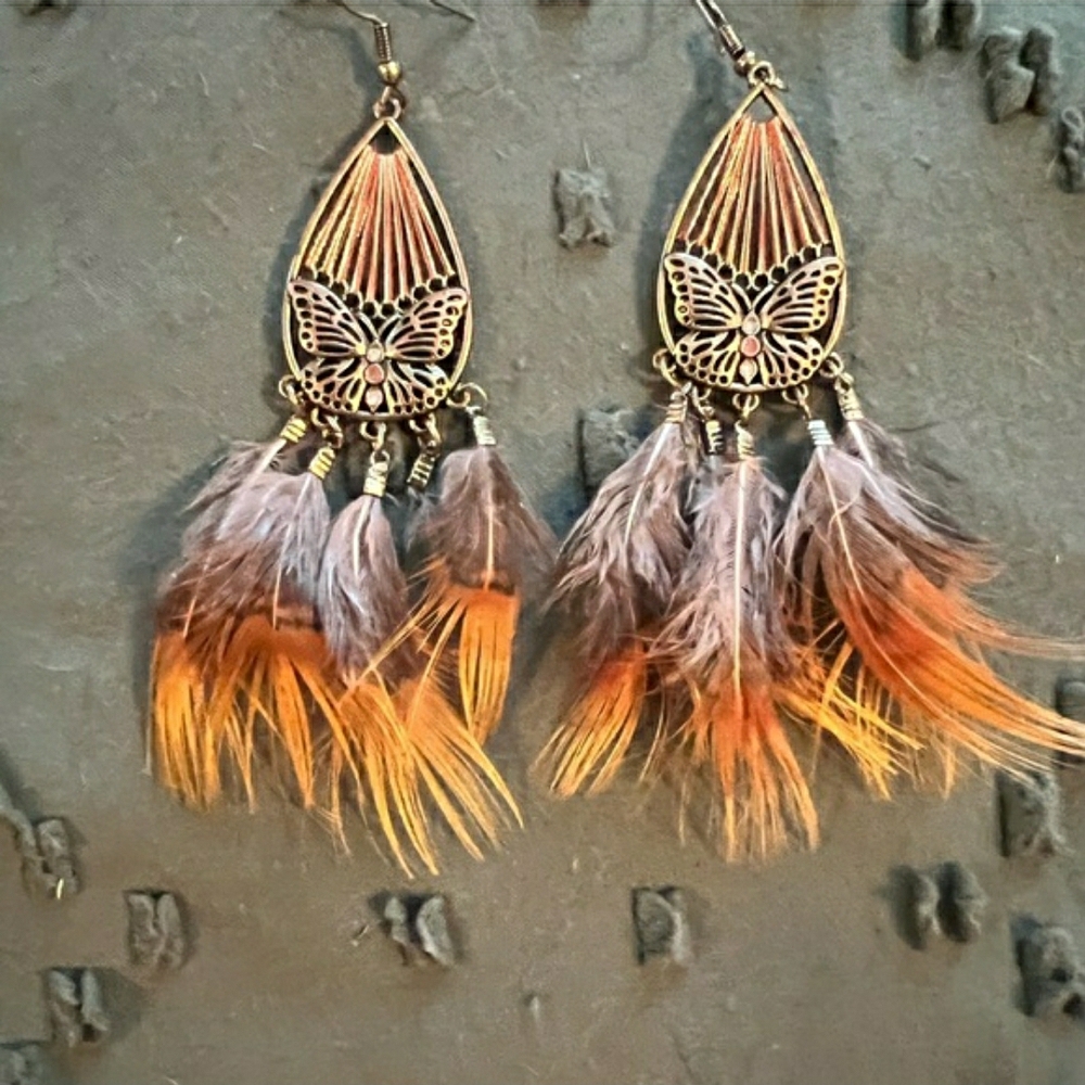 NEW! Bohemian Feather Earrings with Butterfly Design
